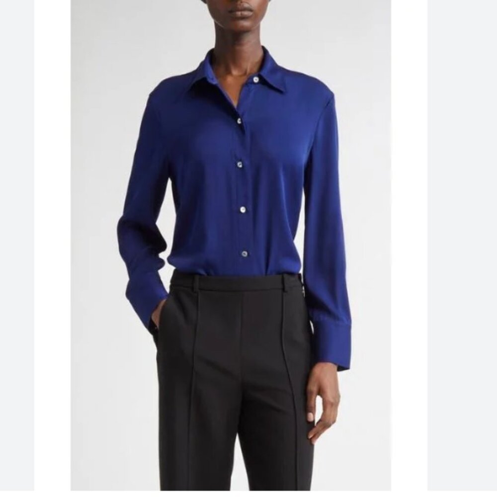 NWT Vince Stretch-Silk Button-Front Blouse in Costal Blue
